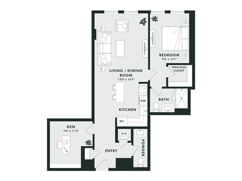 A black and white image of a floor plan for an apartment.